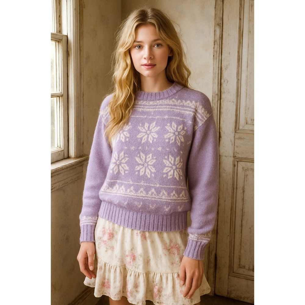 Meister Women's Lavender Wool Fair Isle Snowflake Sweater Medium‎ Vintage